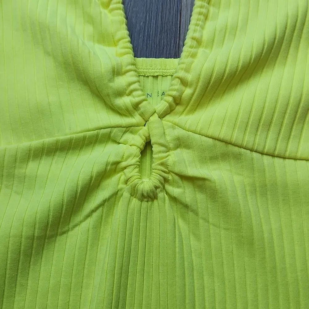☔️🔥NWT American Eagle Neon Yellow Deep Scoop Neck Sleeveless Dress Small - Picture 7 of 11